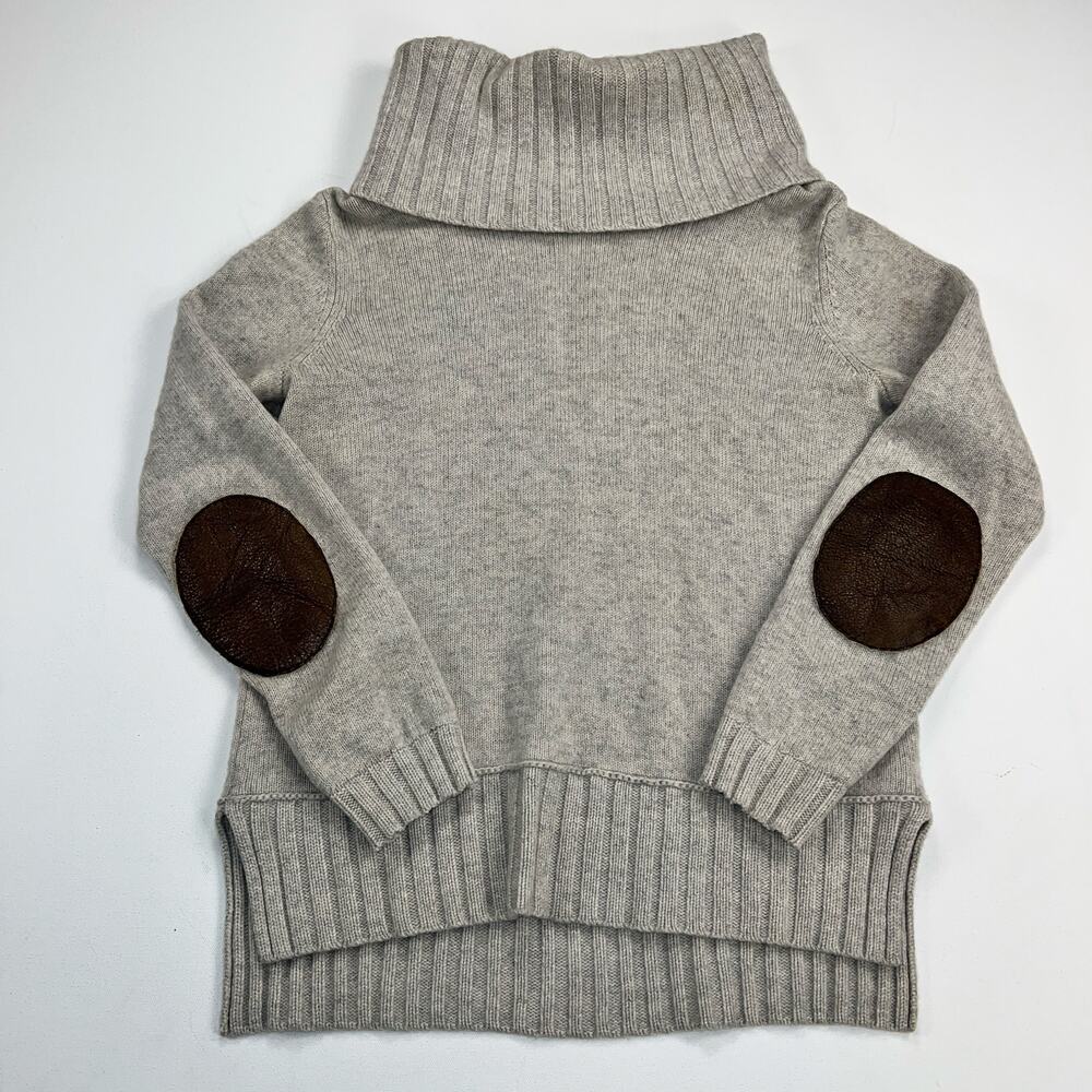 Club Monaco Cashmere Ribbed Turtleneck Gray Sweater Leather Patch Elbows Size S